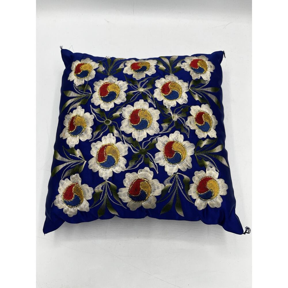 Vintage Silk Embroidered Throw Pillow 10x10 Royal Blue Floral Gold Thread Asian